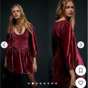 Free People Farrier Women's smocked drop waist Burgundy velvet Dress Size S NWOT